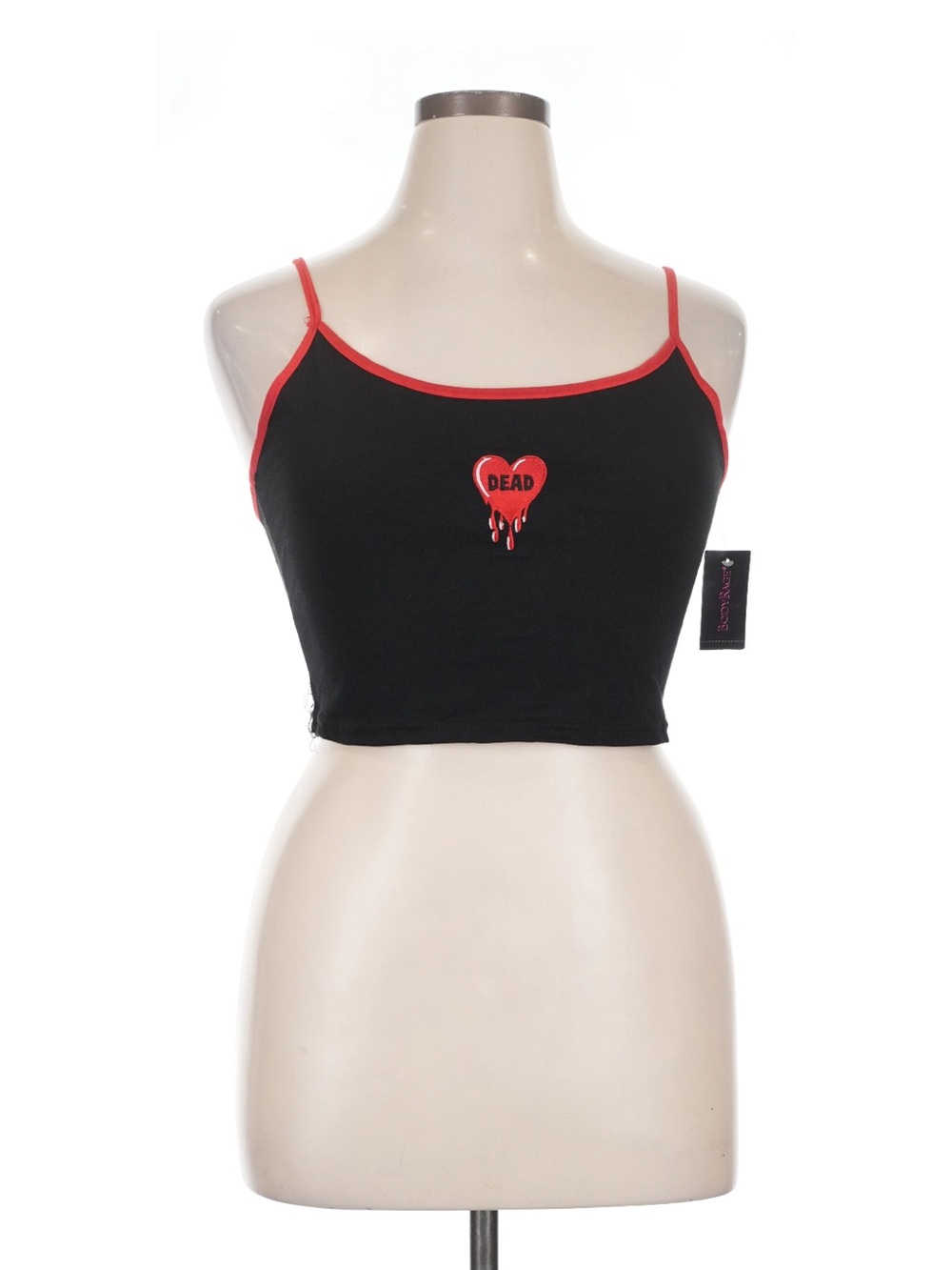 Black Cropped Spaghetti Tank with Red Trim and Dripping Heart